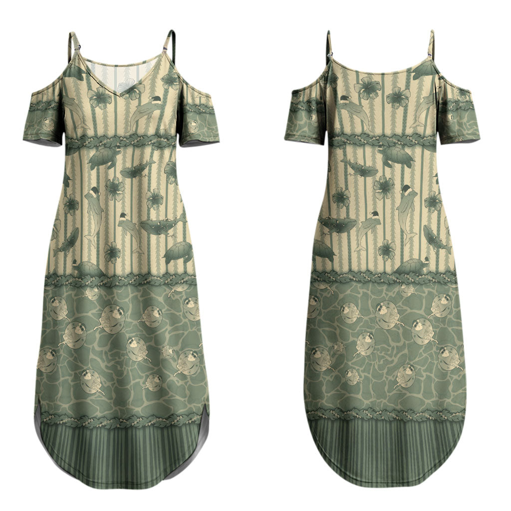 Hawaii Christmas In July Couples Matching Summer Maxi Dress and Hawaiian Shirt Olive Green Mele Kalikimaka Sea Animals DT05 - Polynesian Pride