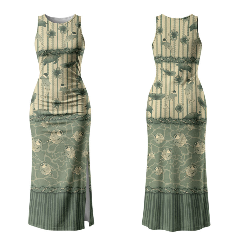 Hawaii Christmas In July Couples Matching Tank Maxi Dress and Hawaiian Shirt Olive Green Mele Kalikimaka Sea Animals DT05 - Polynesian Pride