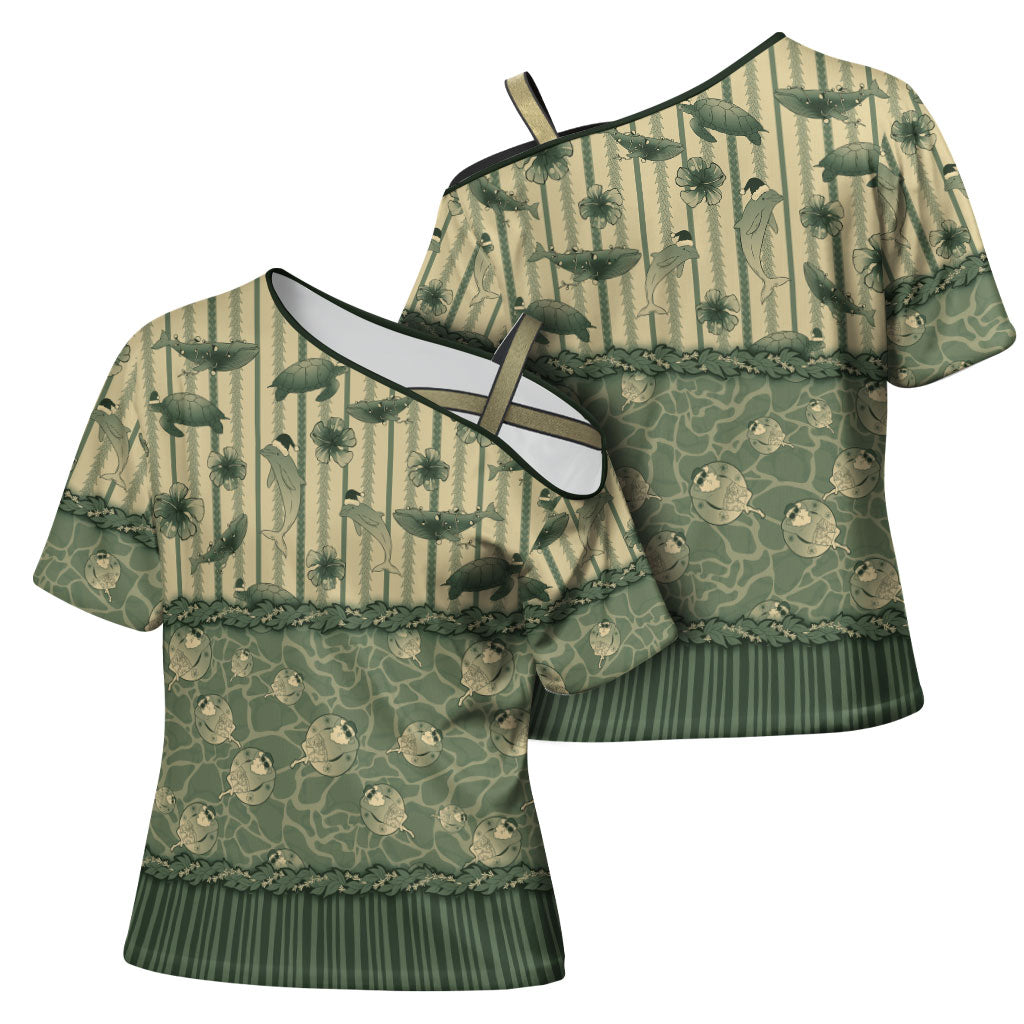 Hawaii Christmas In July Cross Shoulder Shirt Olive Green Mele Kalikimaka Sea Animals