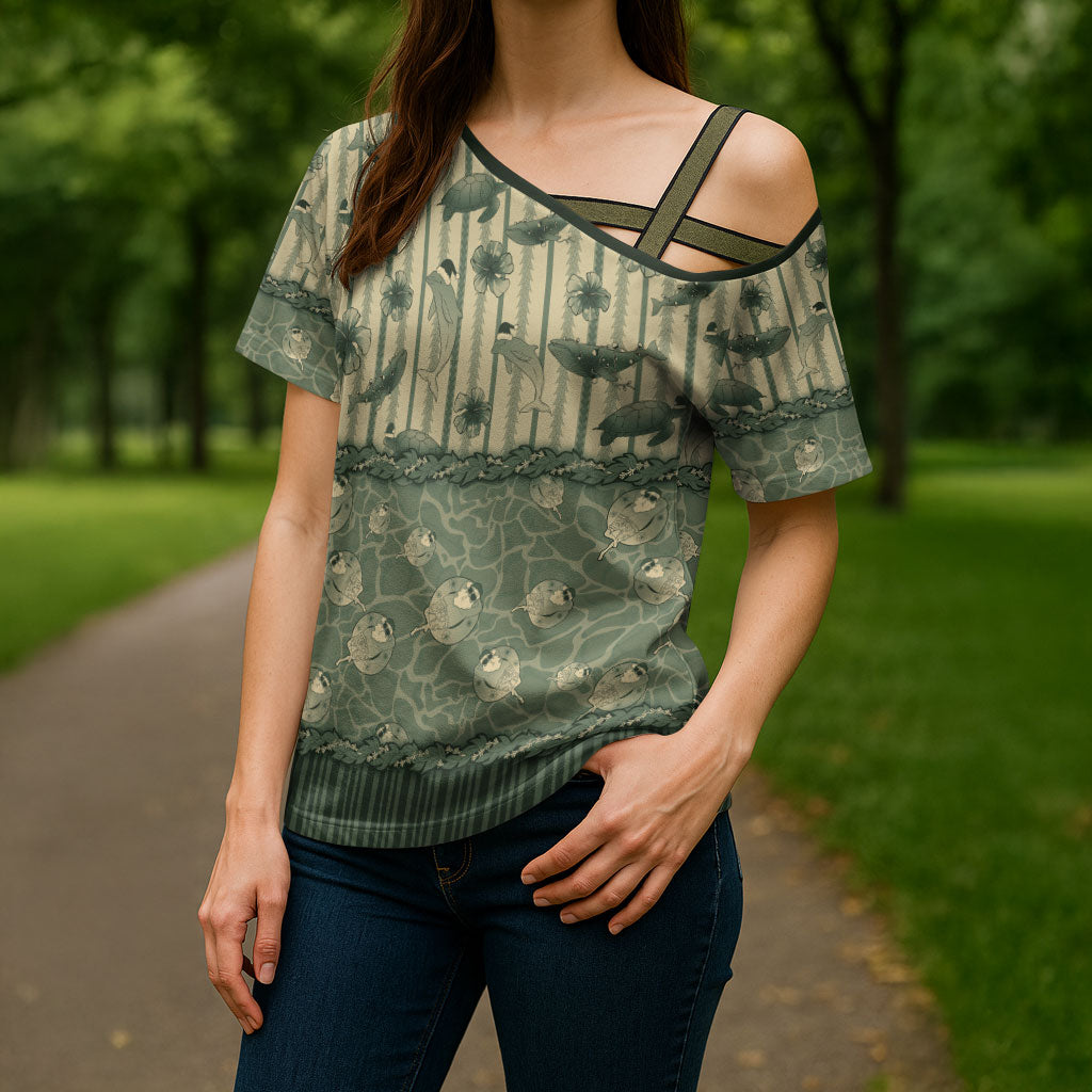 Hawaii Christmas In July Cross Shoulder Shirt Olive Green Mele Kalikimaka Sea Animals