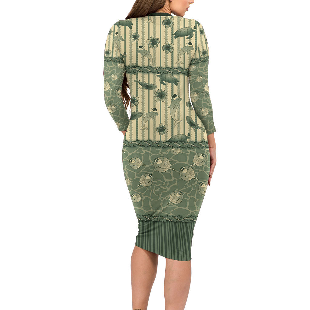 Hawaii Christmas In July Family Matching Long Sleeve Bodycon Dress and Hawaiian Shirt Olive Green Mele Kalikimaka Sea Animals