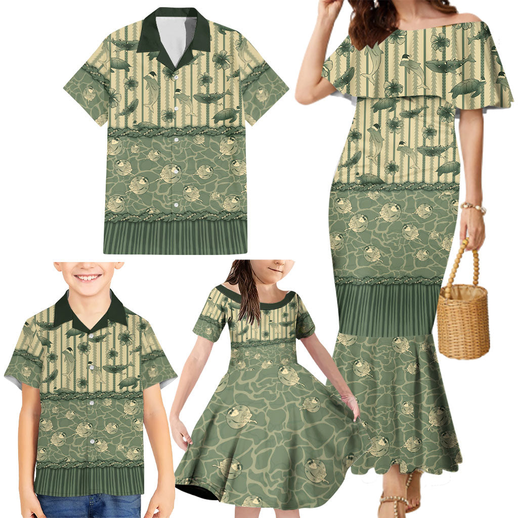 Hawaii Christmas In July Family Matching Mermaid Dress and Hawaiian Shirt Olive Green Mele Kalikimaka Sea Animals DT05 - Polynesian Pride