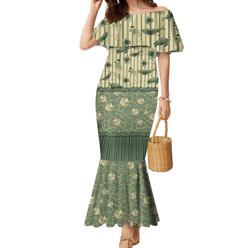 Hawaii Christmas In July Family Matching Mermaid Dress and Hawaiian Shirt Olive Green Mele Kalikimaka Sea Animals