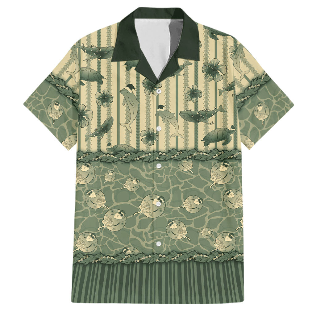 Hawaii Christmas In July Family Matching Off The Shoulder Long Sleeve Dress and Hawaiian Shirt Olive Green Mele Kalikimaka Sea Animals