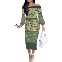 Hawaii Christmas In July Family Matching Off The Shoulder Long Sleeve Dress and Hawaiian Shirt Olive Green Mele Kalikimaka Sea Animals