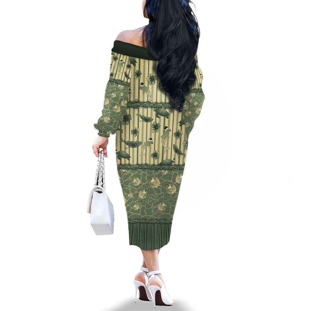 Hawaii Christmas In July Family Matching Off The Shoulder Long Sleeve Dress and Hawaiian Shirt Olive Green Mele Kalikimaka Sea Animals