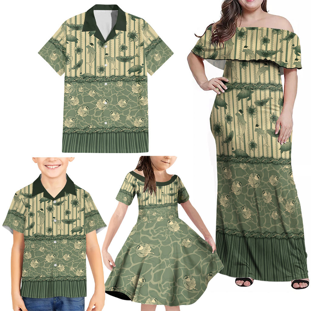 Hawaii Christmas In July Family Matching Off Shoulder Maxi Dress and Hawaiian Shirt Olive Green Mele Kalikimaka Sea Animals