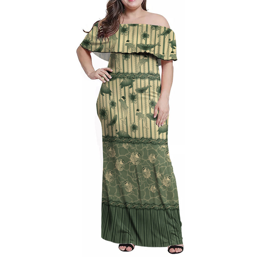 Hawaii Christmas In July Family Matching Off Shoulder Maxi Dress and Hawaiian Shirt Olive Green Mele Kalikimaka Sea Animals