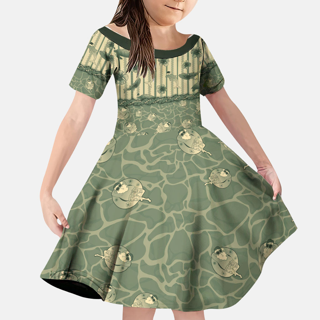 Hawaii Christmas In July Family Matching Off Shoulder Short Dress and Hawaiian Shirt Olive Green Mele Kalikimaka Sea Animals