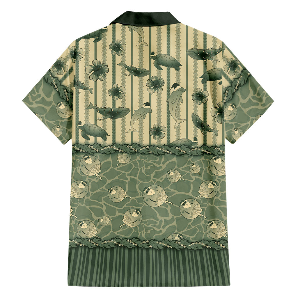 Hawaii Christmas In July Family Matching Off Shoulder Short Dress and Hawaiian Shirt Olive Green Mele Kalikimaka Sea Animals