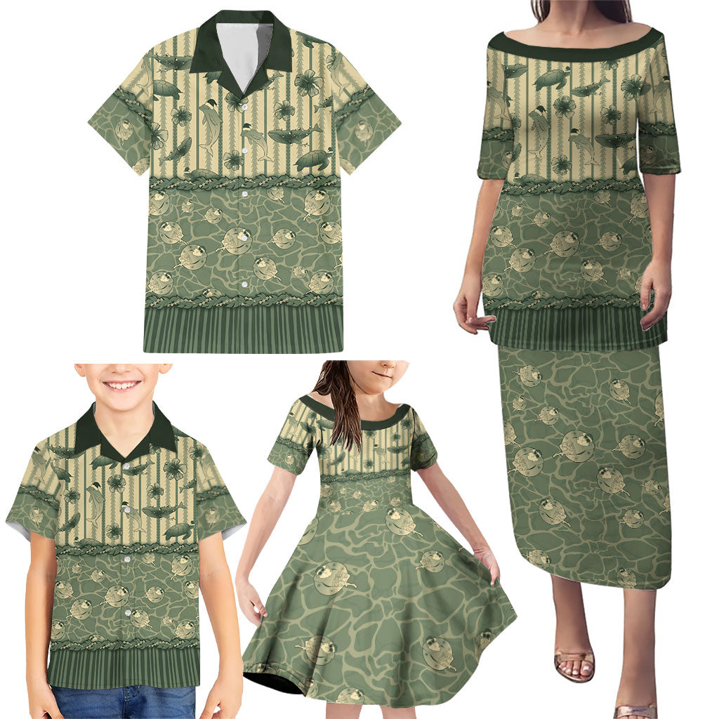 Hawaii Christmas In July Family Matching Puletasi and Hawaiian Shirt Olive Green Mele Kalikimaka Sea Animals