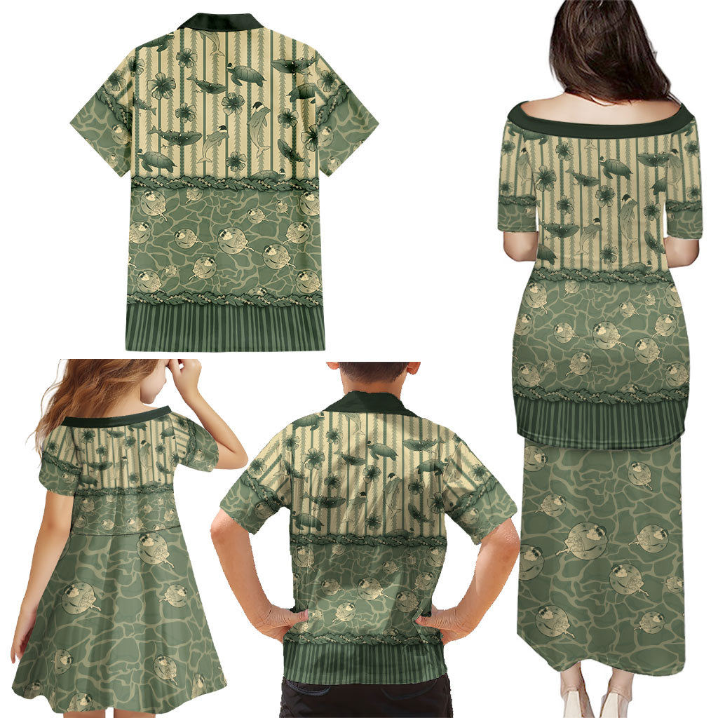 Hawaii Christmas In July Family Matching Puletasi and Hawaiian Shirt Olive Green Mele Kalikimaka Sea Animals