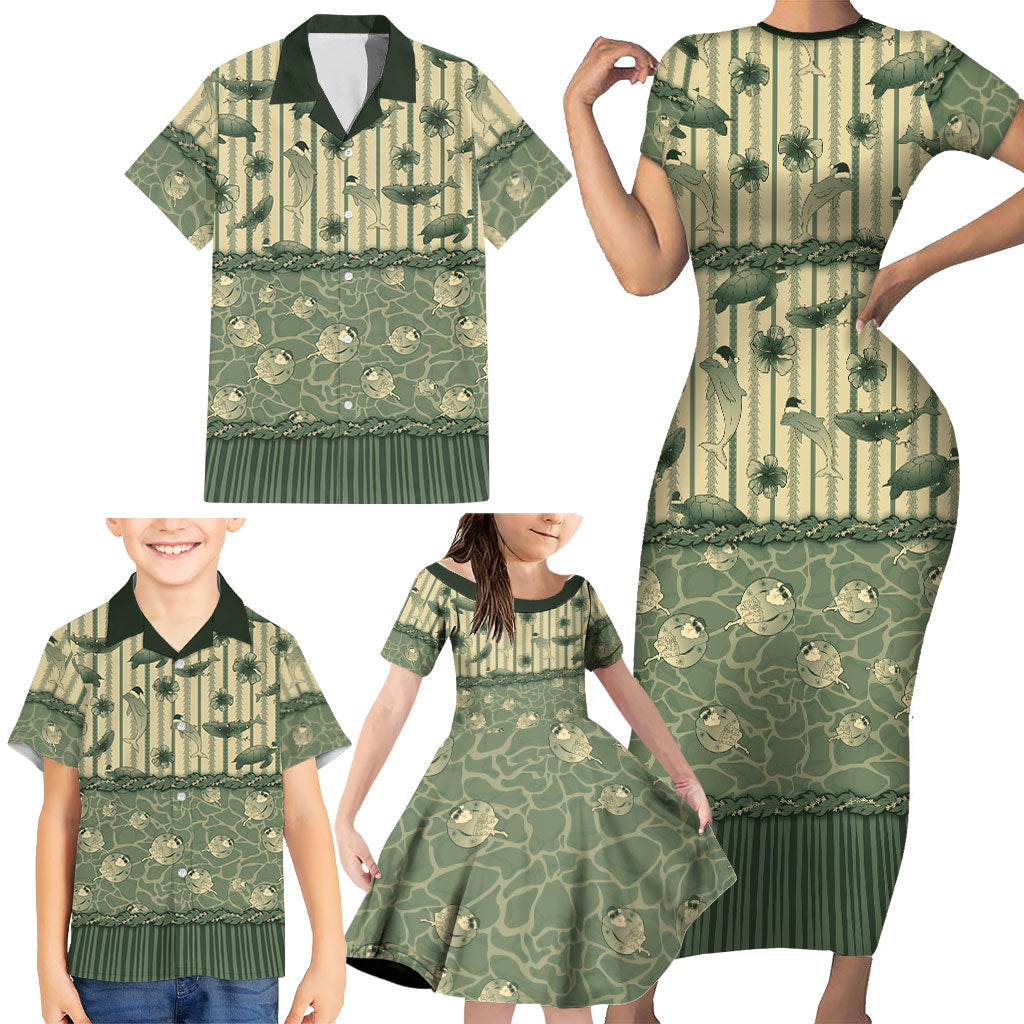 Hawaii Christmas In July Family Matching Short Sleeve Bodycon Dress and Hawaiian Shirt Olive Green Mele Kalikimaka Sea Animals DT05 - Polynesian Pride