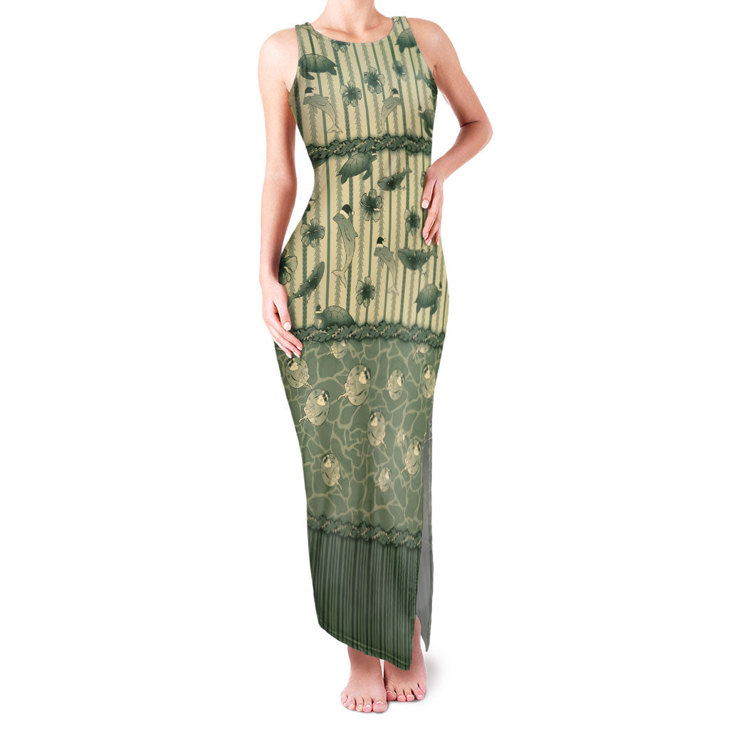 Hawaii Christmas In July Family Matching Tank Maxi Dress and Hawaiian Shirt Olive Green Mele Kalikimaka Sea Animals
