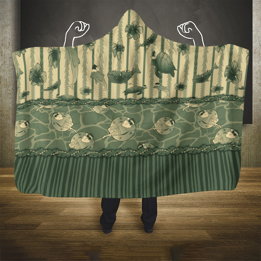 Hawaii Christmas In July Hooded Blanket Olive Green Mele Kalikimaka Sea Animals