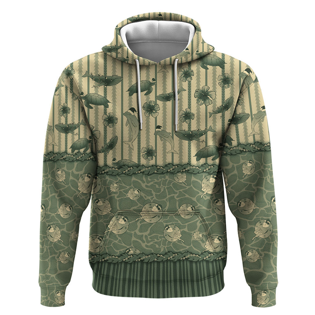 Hawaii Christmas In July Hoodie Olive Green Mele Kalikimaka Sea Animals DT05 Pullover Hoodie Green - Polynesian Pride