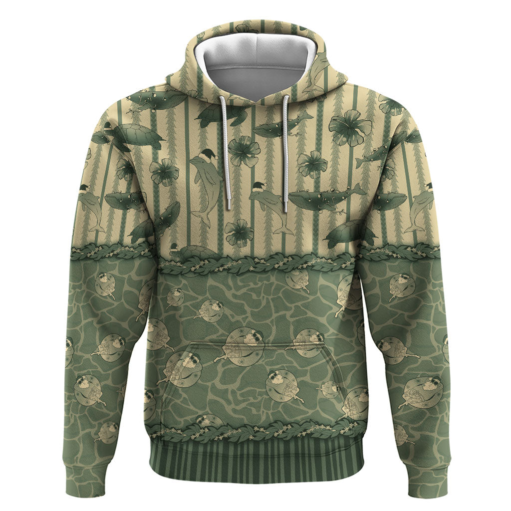 Hawaii Christmas In July Hoodie Olive Green Mele Kalikimaka Sea Animals