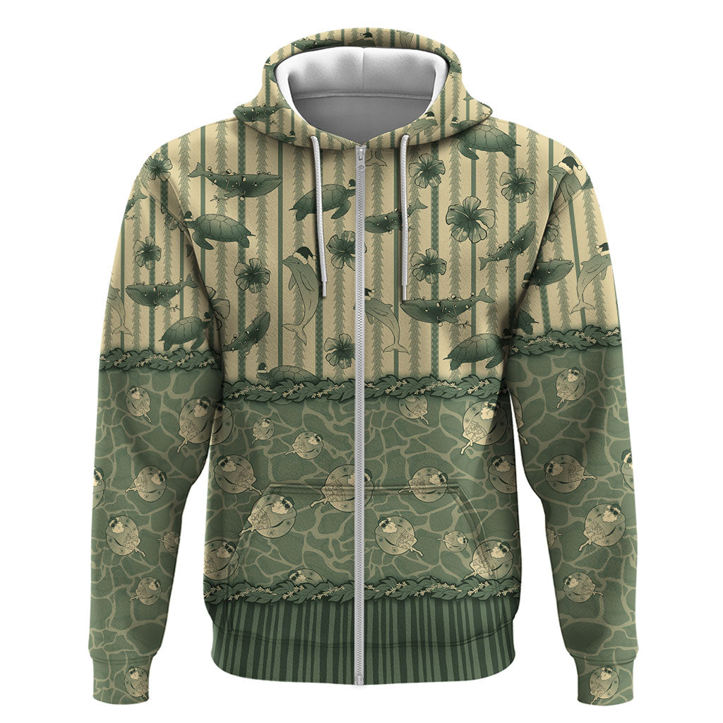 Hawaii Christmas In July Hoodie Olive Green Mele Kalikimaka Sea Animals DT05 Zip Hoodie Green - Polynesian Pride