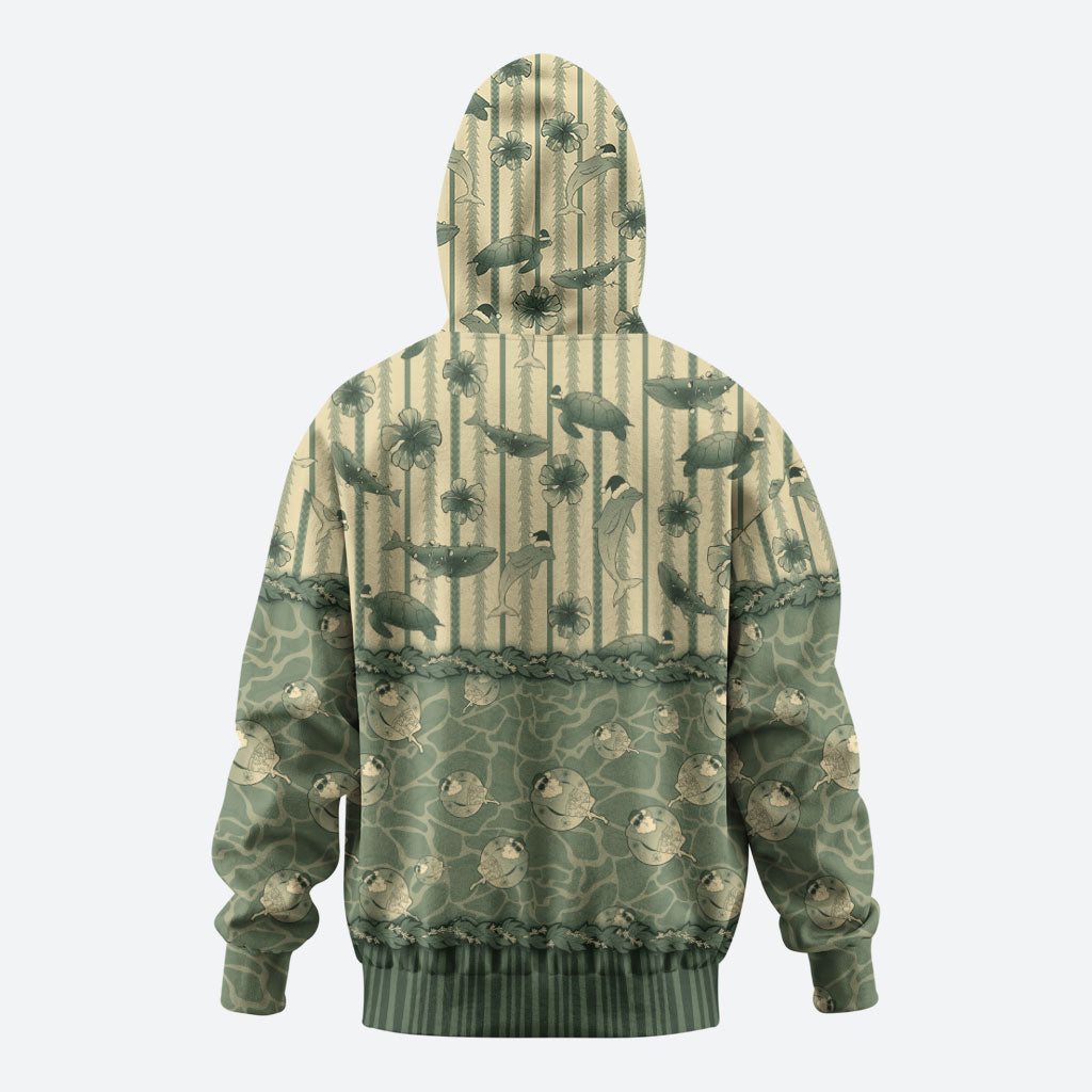 Hawaii Christmas In July Hoodie Olive Green Mele Kalikimaka Sea Animals DT05 - Polynesian Pride