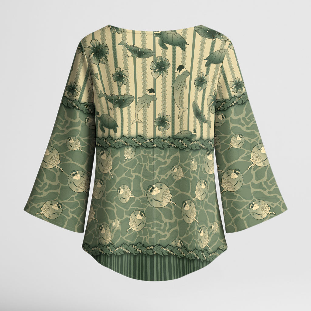 Hawaii Christmas In July Kimono Sleeve Blouse Olive Green Mele Kalikimaka Sea Animals