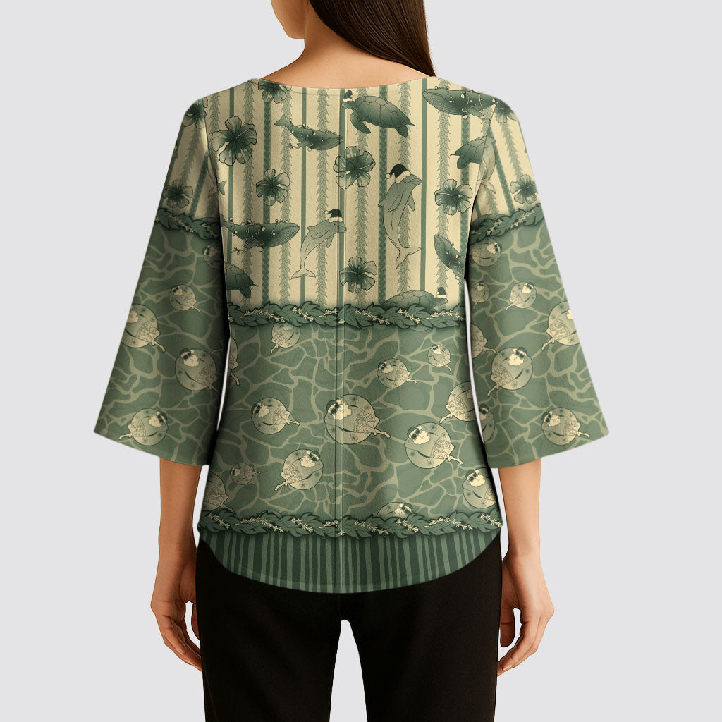 Hawaii Christmas In July Kimono Sleeve Blouse Olive Green Mele Kalikimaka Sea Animals