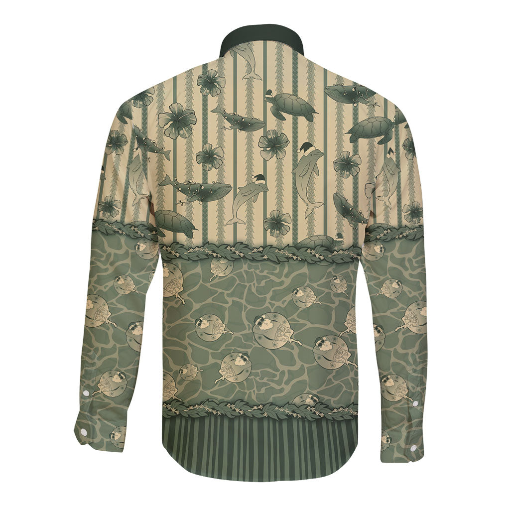 Hawaii Christmas In July Long Sleeve Button Shirt Olive Green Mele Kalikimaka Sea Animals
