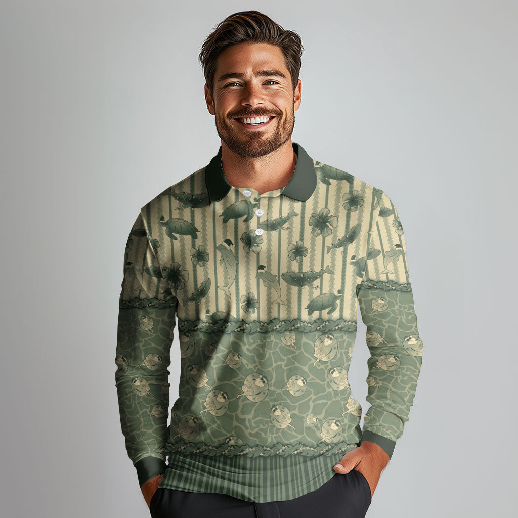 Hawaii Christmas In July Long Sleeve Polo Shirt Olive Green Mele Kalikimaka Sea Animals