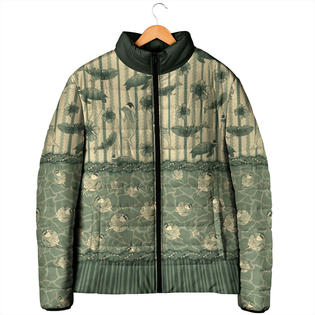 Hawaii Christmas In July Padded Jacket Olive Green Mele Kalikimaka Sea Animals
