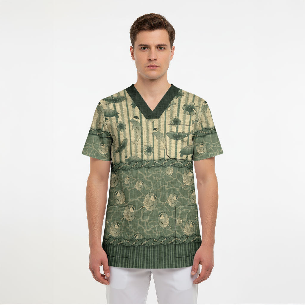 Hawaii Christmas In July Scrub Top Olive Green Mele Kalikimaka Sea Animals