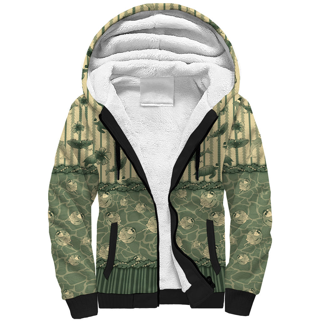 Hawaii Christmas In July Sherpa Hoodie Olive Green Mele Kalikimaka Sea Animals