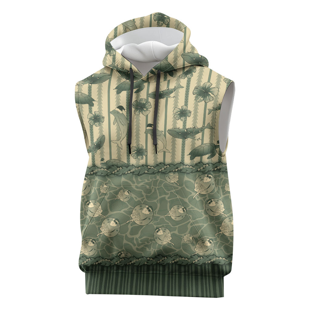 Hawaii Christmas In July Sleeveless Hoodie Olive Green Mele Kalikimaka Sea Animals