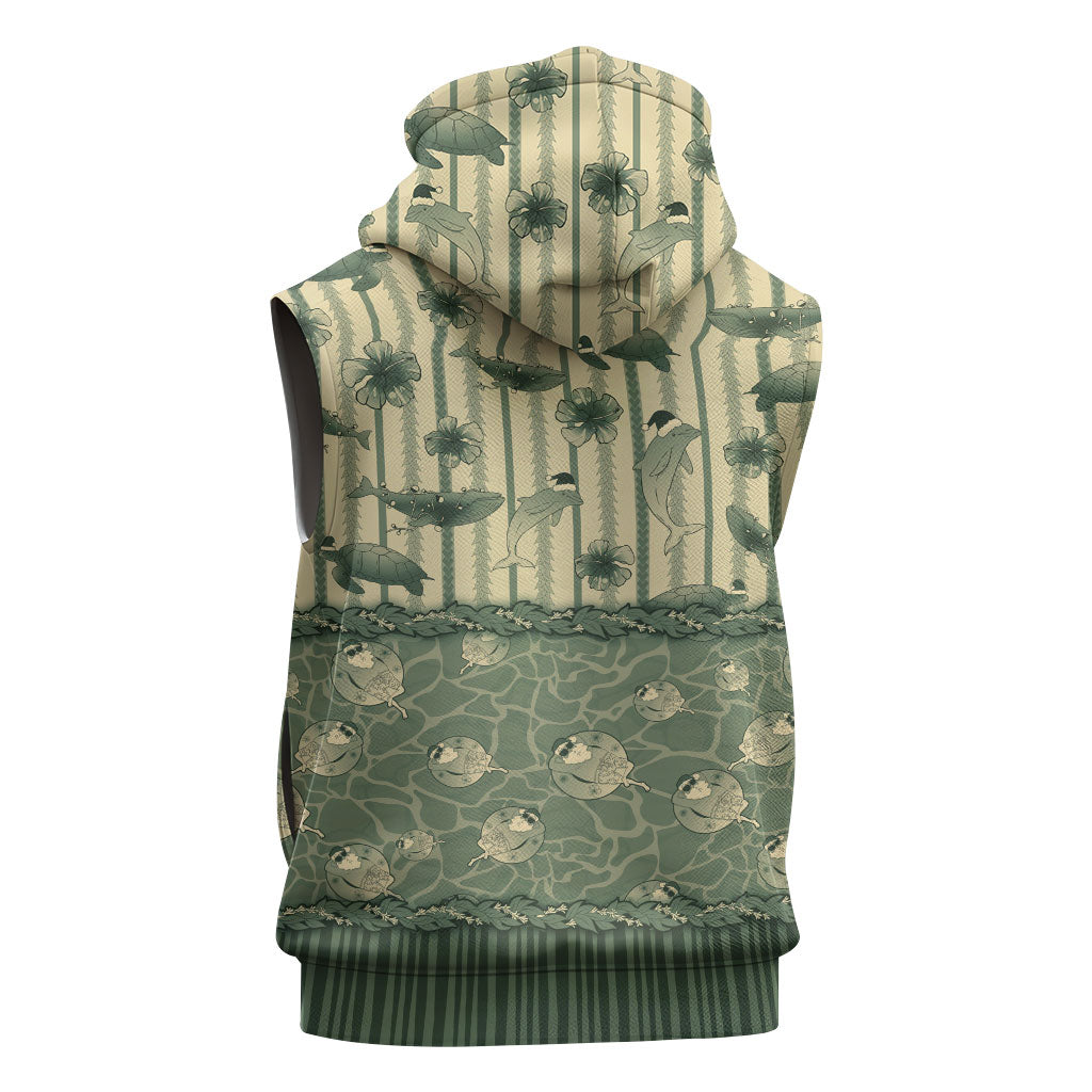 Hawaii Christmas In July Sleeveless Hoodie Olive Green Mele Kalikimaka Sea Animals