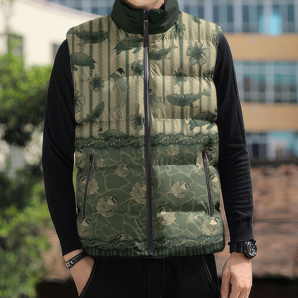 Hawaii Christmas In July Sleeveless Puffer Jacket Olive Green Mele Kalikimaka Sea Animals