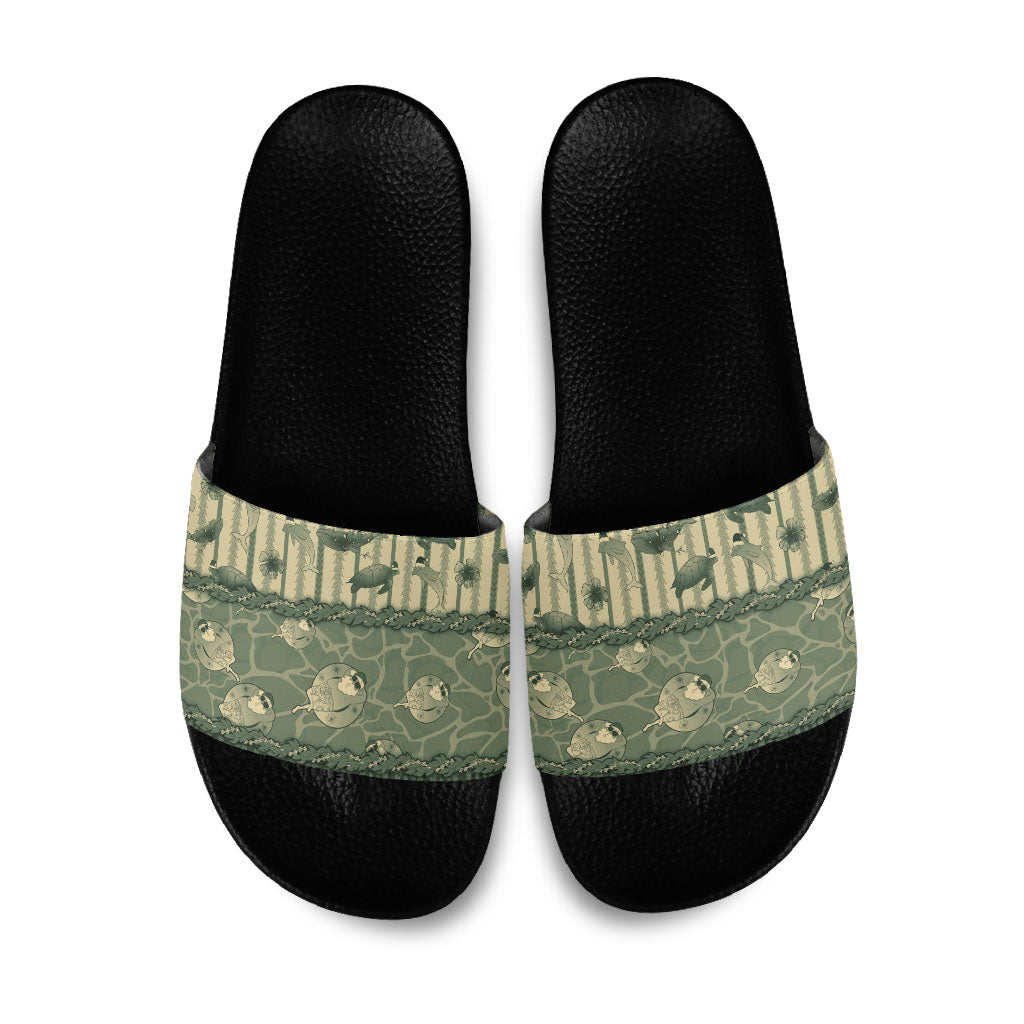 Hawaii Christmas In July Slide Sandals Olive Green Mele Kalikimaka Sea Animals