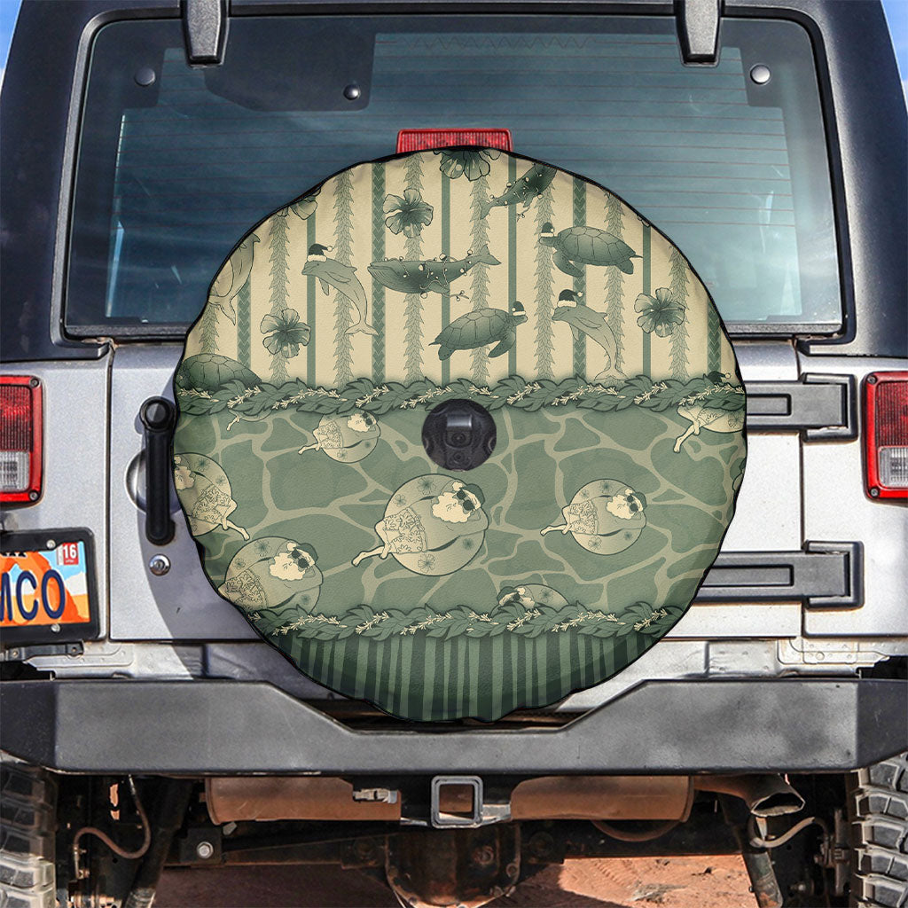 Hawaii Christmas In July Spare Tire Cover Olive Green Mele Kalikimaka Sea Animals