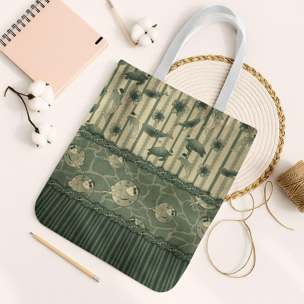 Hawaii Christmas In July Tote Bag Olive Green Mele Kalikimaka Sea Animals DT05 White Strap One Size Green - Polynesian Pride