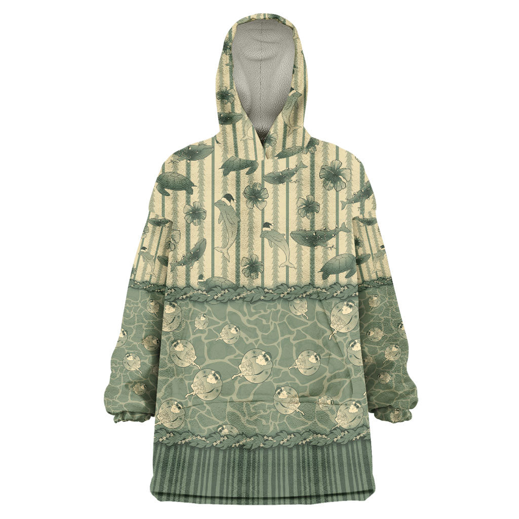 Hawaii Christmas In July Wearable Blanket Hoodie Olive Green Mele Kalikimaka Sea Animals