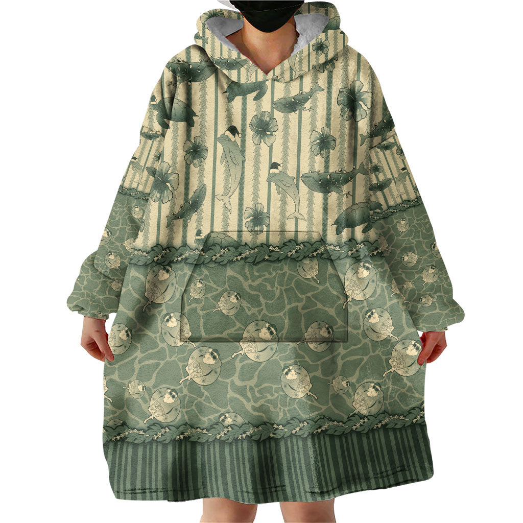 Hawaii Christmas In July Wearable Blanket Hoodie Olive Green Mele Kalikimaka Sea Animals