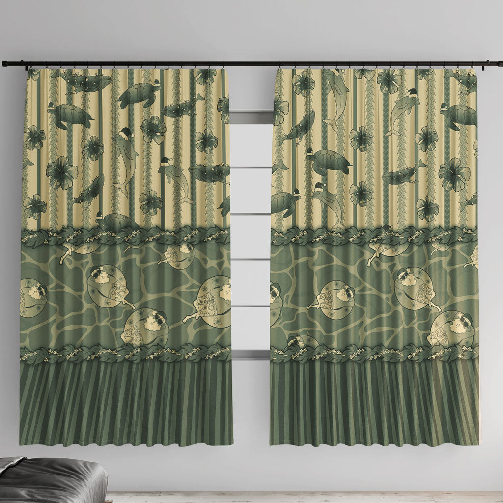 Hawaii Christmas In July Window Curtain Olive Green Mele Kalikimaka Sea Animals