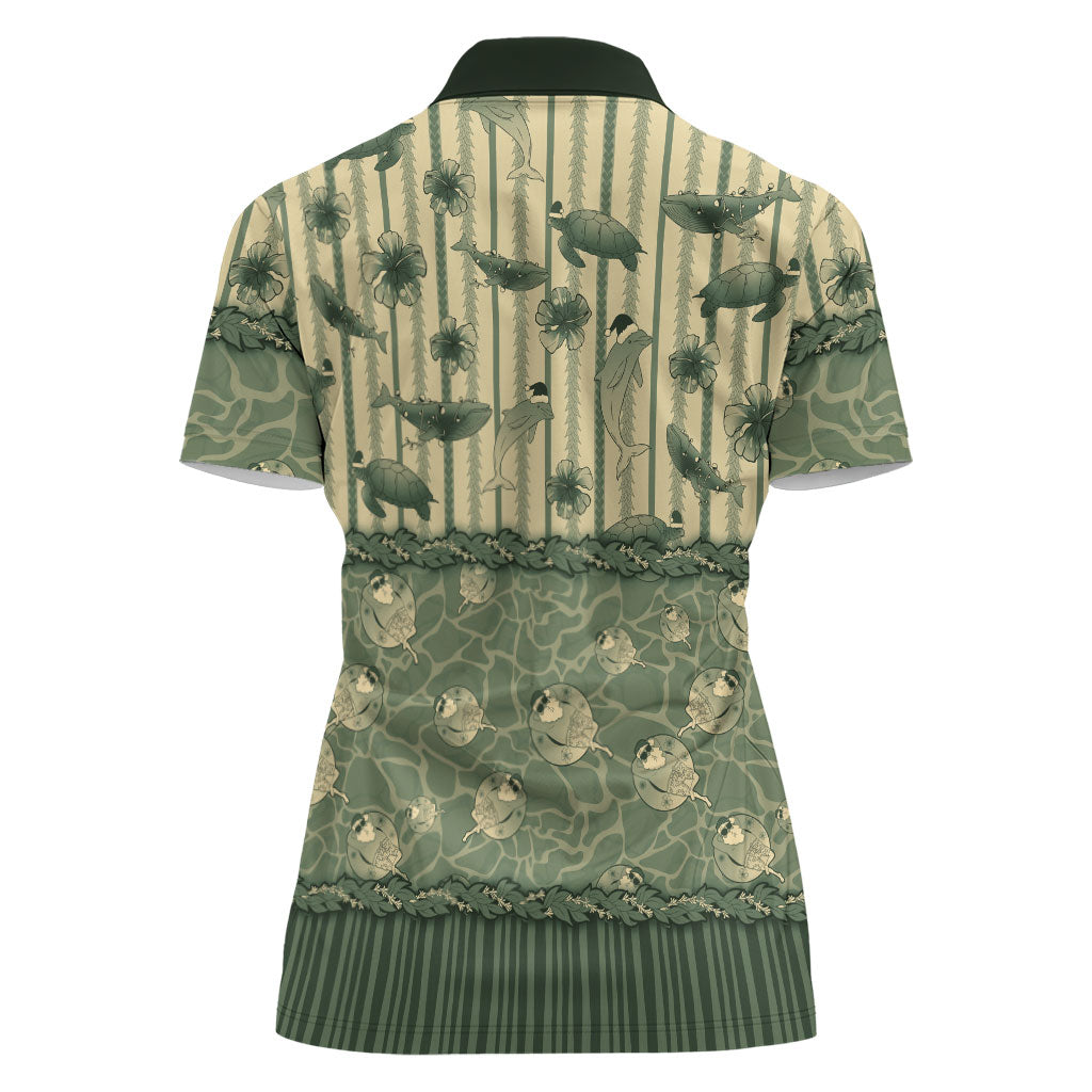 Hawaii Christmas In July Women Polo Shirt Olive Green Mele Kalikimaka Sea Animals