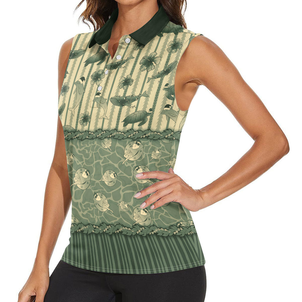 Hawaii Christmas In July Women Sleeveless Polo Shirt Olive Green Mele Kalikimaka Sea Animals
