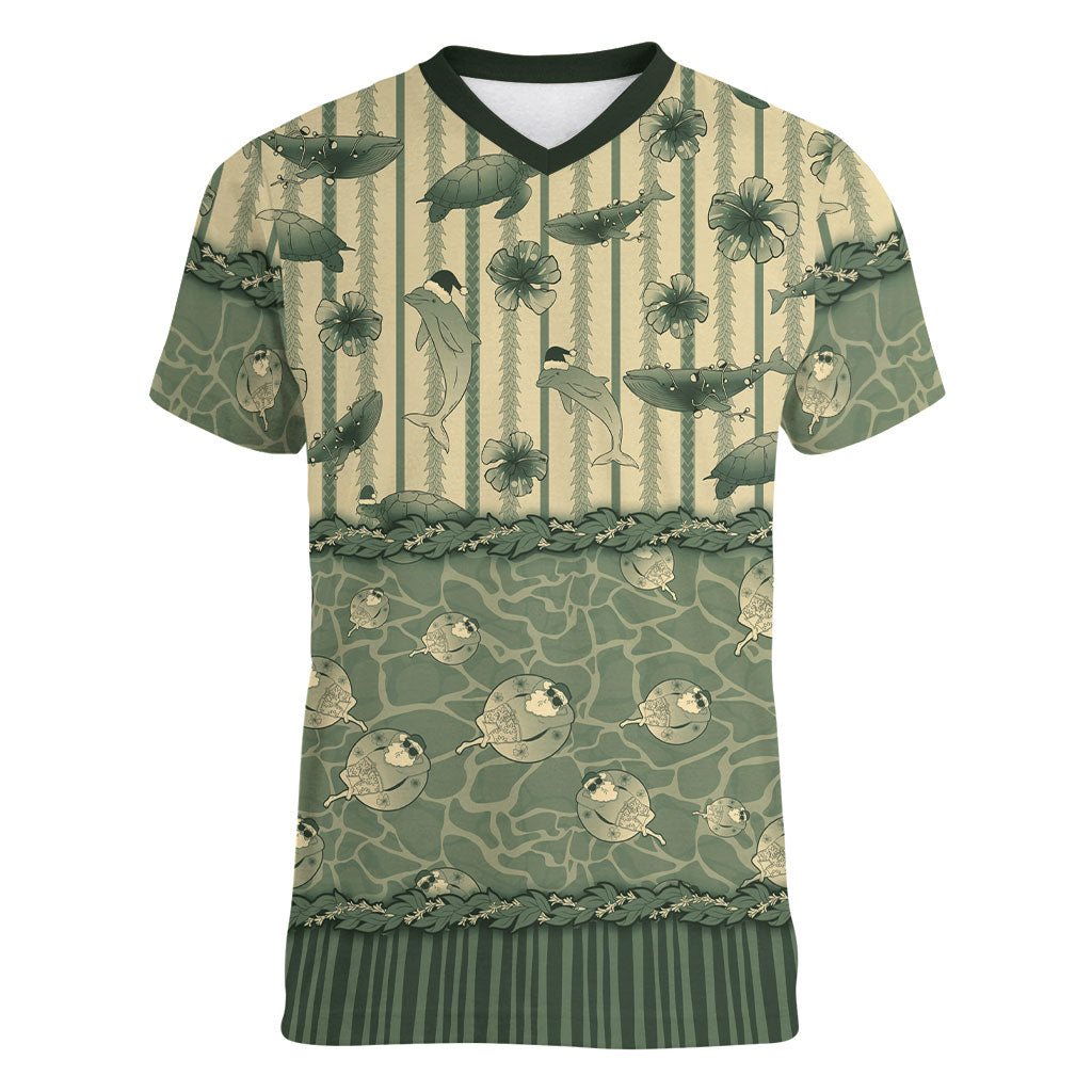 Hawaii Christmas In July Women V-Neck T-Shirt Olive Green Mele Kalikimaka Sea Animals