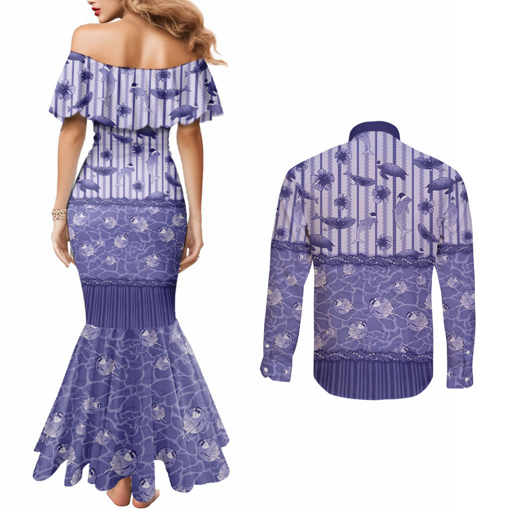 Hawaii Christmas In July Couples Matching Mermaid Dress and Long Sleeve Button Shirt Amethyst Purple Mele Kalikimaka Sea Animals