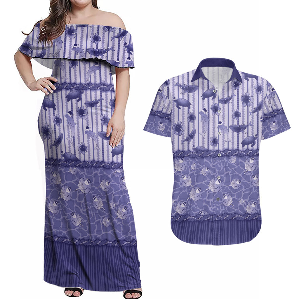 Hawaii Christmas In July Couples Matching Off Shoulder Maxi Dress and Hawaiian Shirt Amethyst Purple Mele Kalikimaka Sea Animals