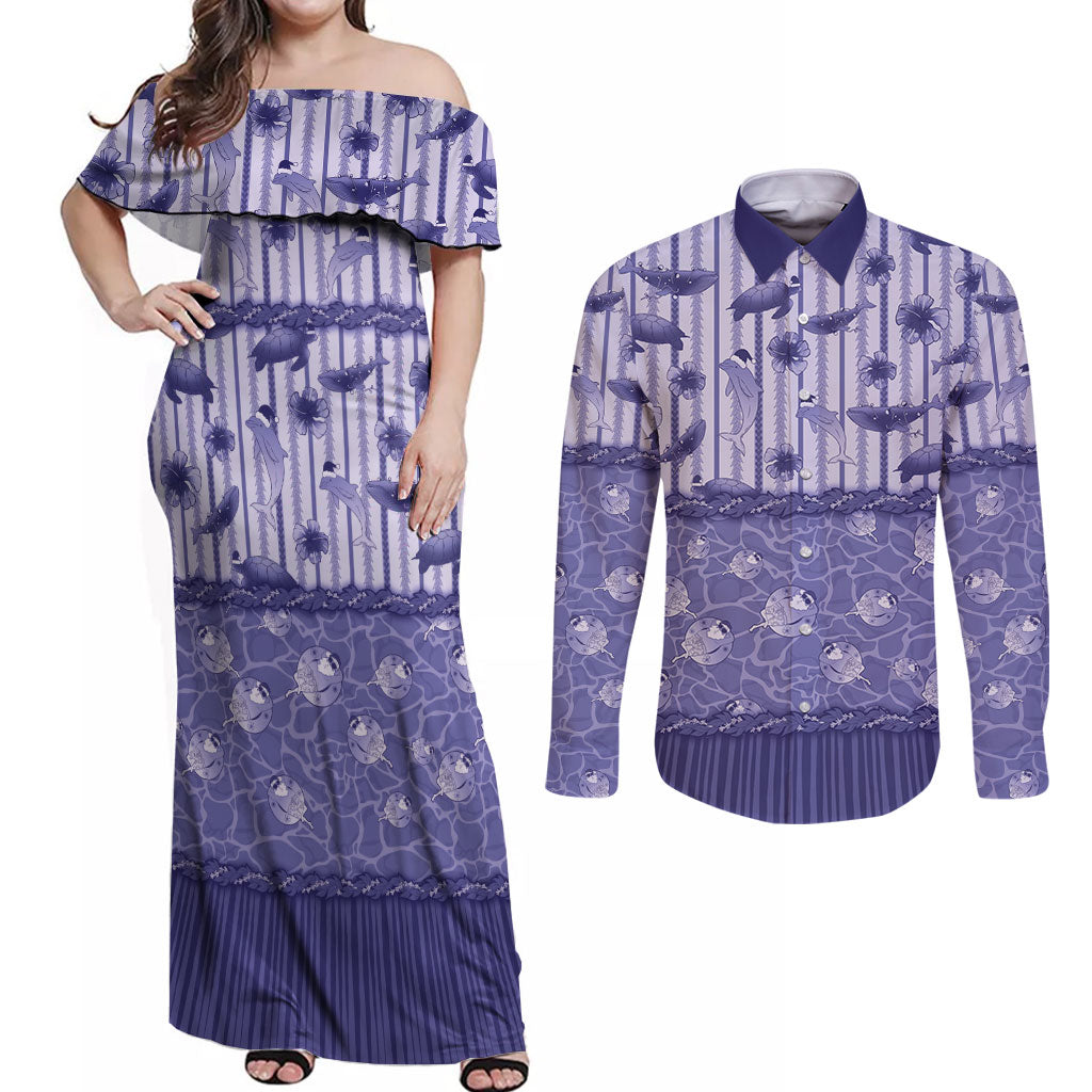 Hawaii Christmas In July Couples Matching Off Shoulder Maxi Dress and Long Sleeve Button Shirt Amethyst Purple Mele Kalikimaka Sea Animals