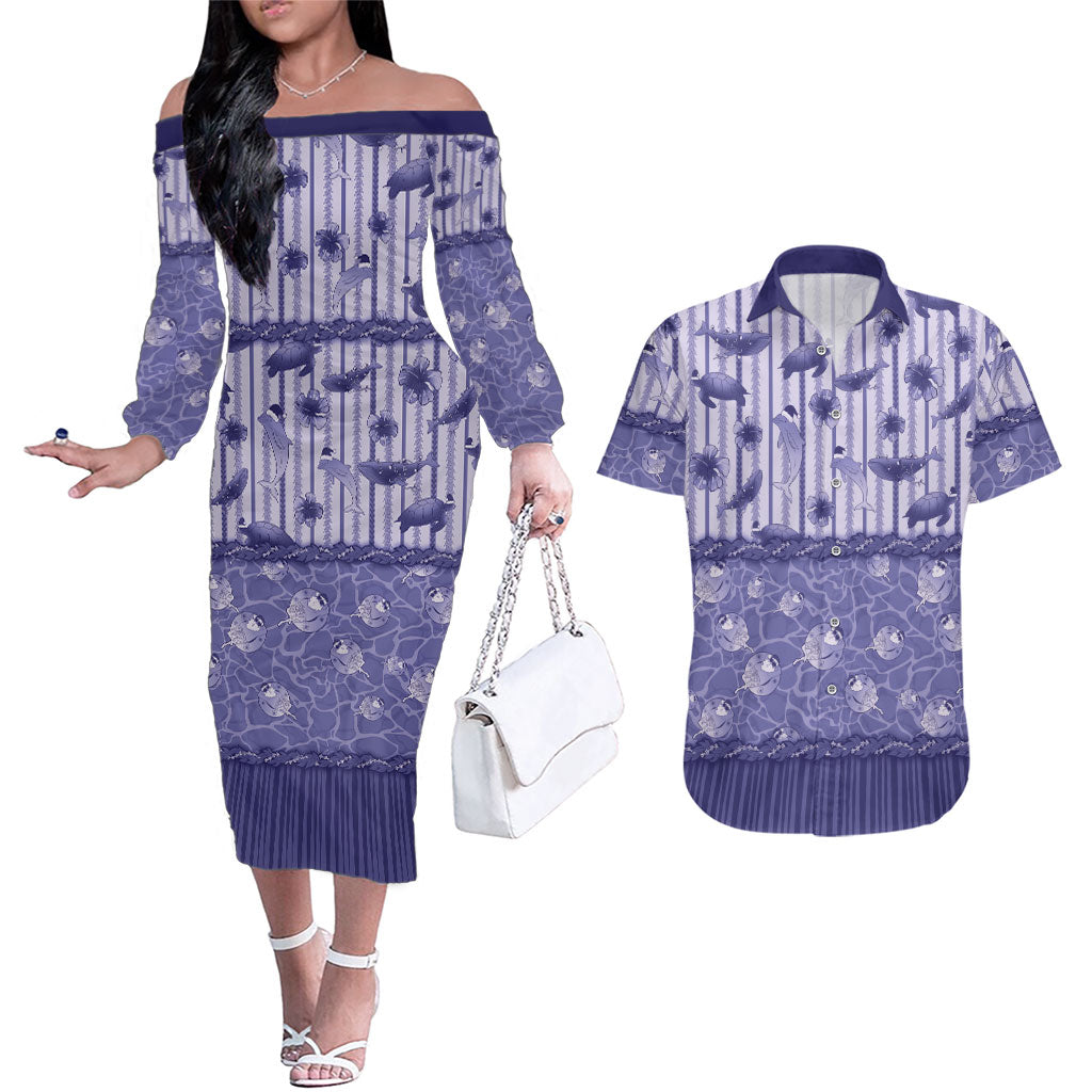 Hawaii Christmas In July Couples Matching Off The Shoulder Long Sleeve Dress and Hawaiian Shirt Amethyst Purple Mele Kalikimaka Sea Animals