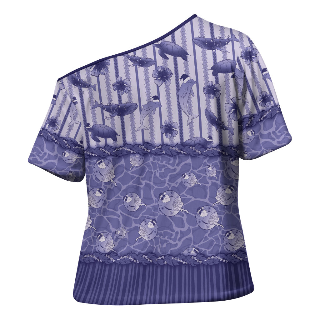 Hawaii Christmas In July Cross Shoulder Shirt Amethyst Purple Mele Kalikimaka Sea Animals