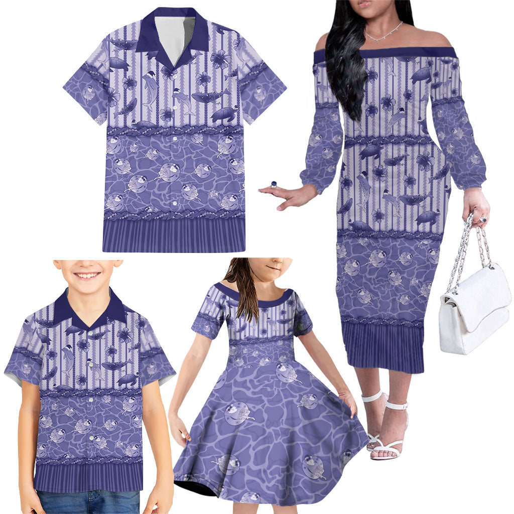 Hawaii Christmas In July Family Matching Off The Shoulder Long Sleeve Dress and Hawaiian Shirt Amethyst Purple Mele Kalikimaka Sea Animals DT05 - Polynesian Pride