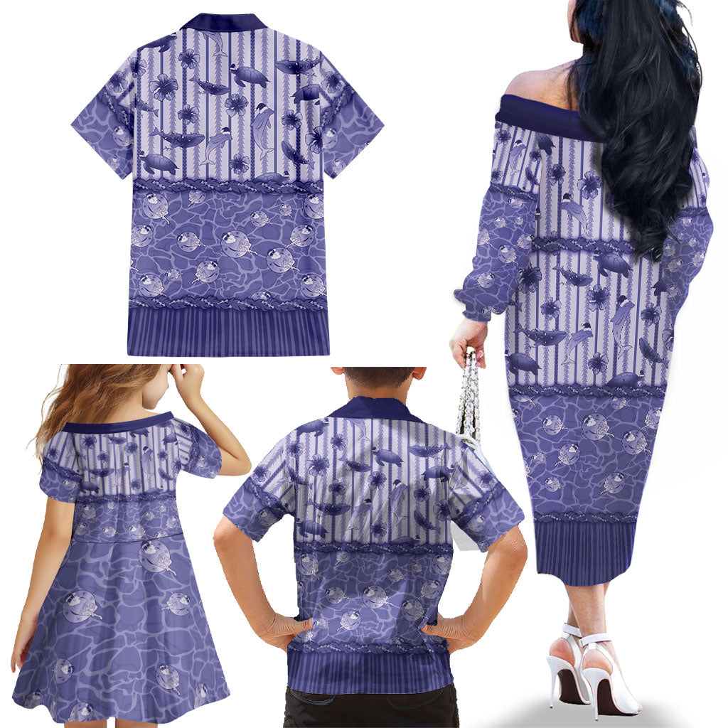 Hawaii Christmas In July Family Matching Off The Shoulder Long Sleeve Dress and Hawaiian Shirt Amethyst Purple Mele Kalikimaka Sea Animals