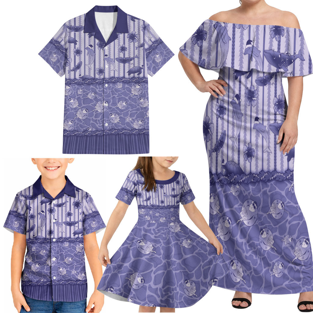 Hawaii Christmas In July Family Matching Off Shoulder Maxi Dress and Hawaiian Shirt Amethyst Purple Mele Kalikimaka Sea Animals DT05 - Polynesian Pride